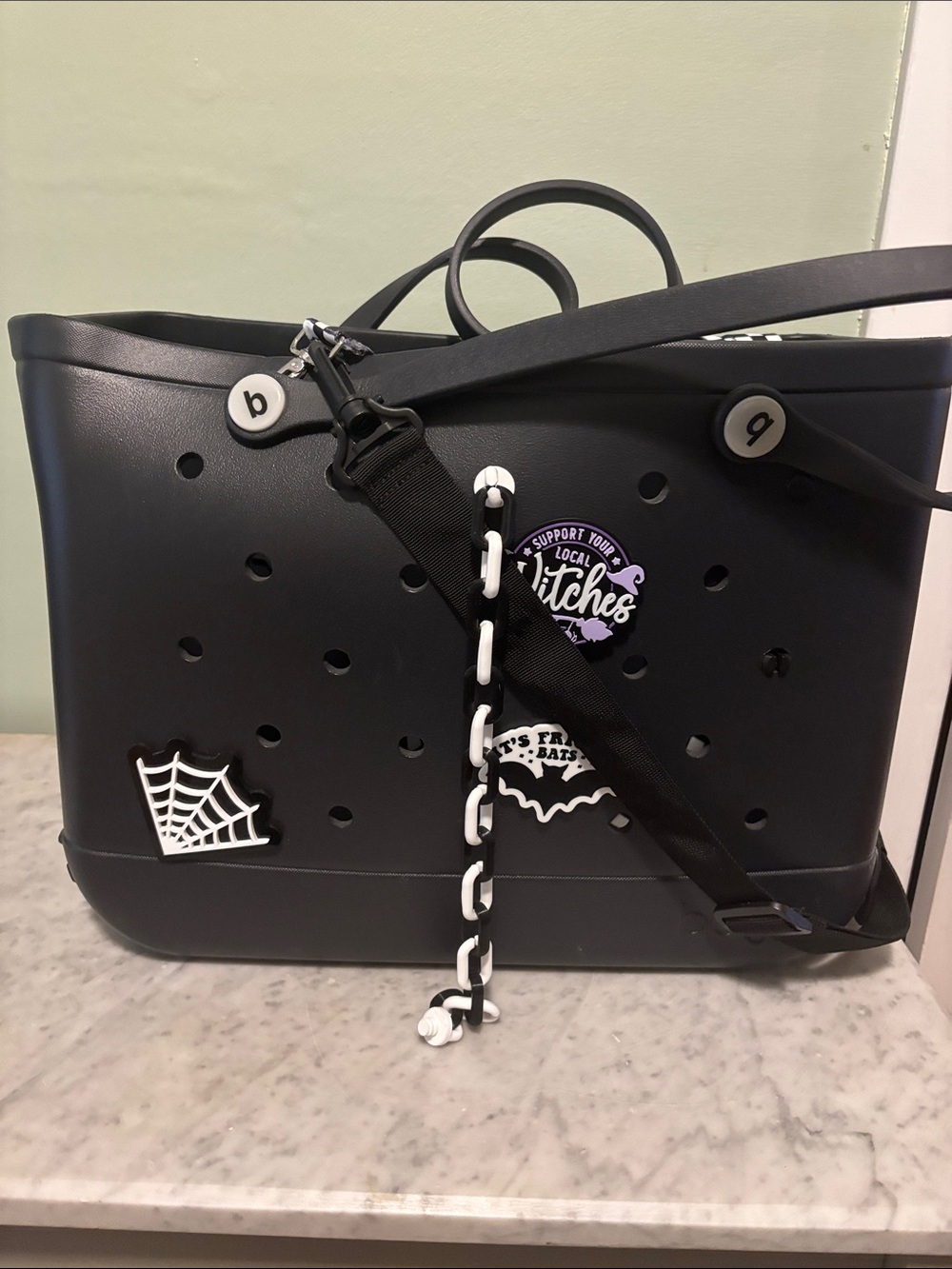 BOGG BAG Black Tote with 7 Halloween Charms and Checkered Strap. - Picture 3 of 6